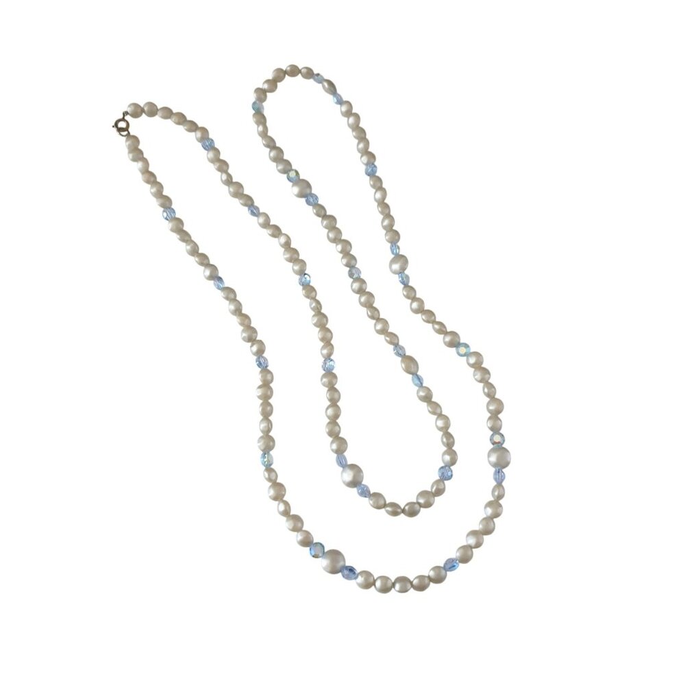 Glass Imitation Pearl Necklace Blue Crystal Beads 51 Inches Vintage Mom Gift